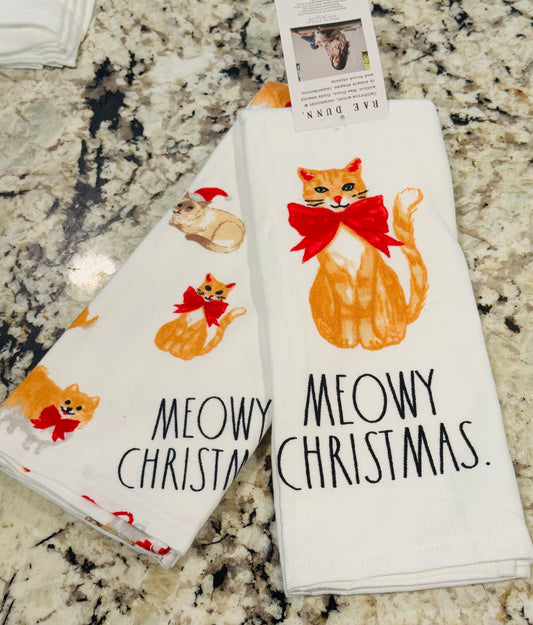 New Rae Dunn Christmas kitchen 2-piece dish towel set MEOWY CHRISTMAS