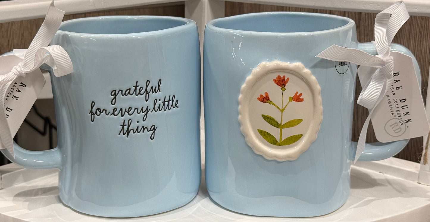 New Rae Dunn baby blue ceramic coffee mug GRATEFUL FOR EVERY LITTLE THING
