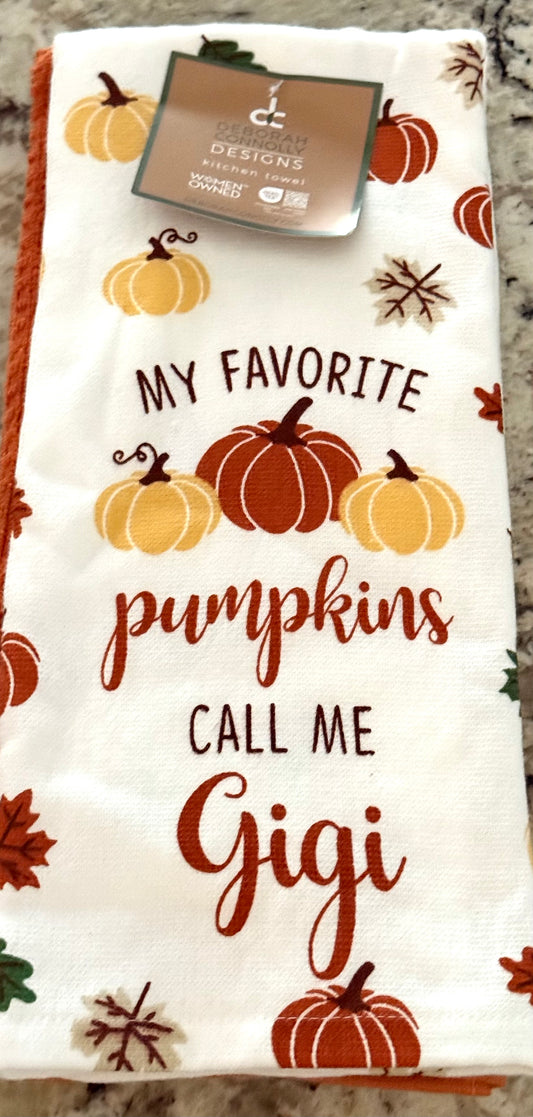 New 3-piece Deborah Connollly Designs MY FAVORITE PUMPKINS CALL ME GIGI fall kitchen towel set