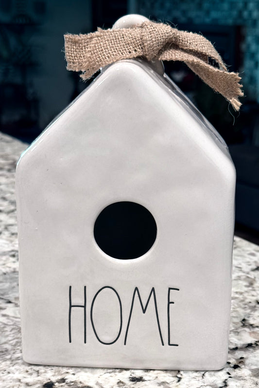 New Rae Dunn white ceramic birdhouse HOME-burlap ribbon, square