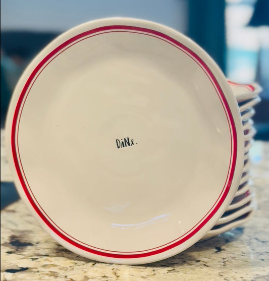Rae Dunn red line gently used ceramic 4 piece dinner plate set DINE 10”