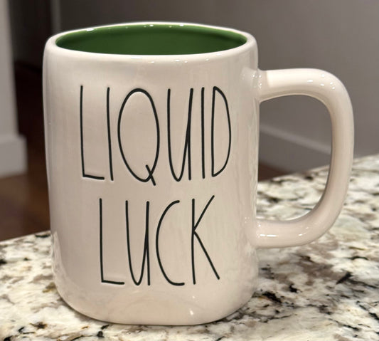 New Rae Dunn St. Patrick’s Day white ceramic coffee mug LIQUID LUCK green interior