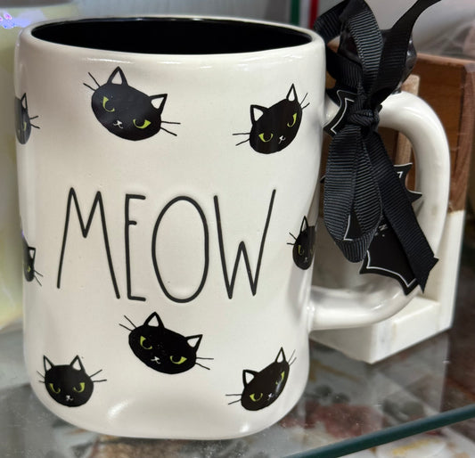 New Rae Dunn white cat print ceramic coffee mug MEOW