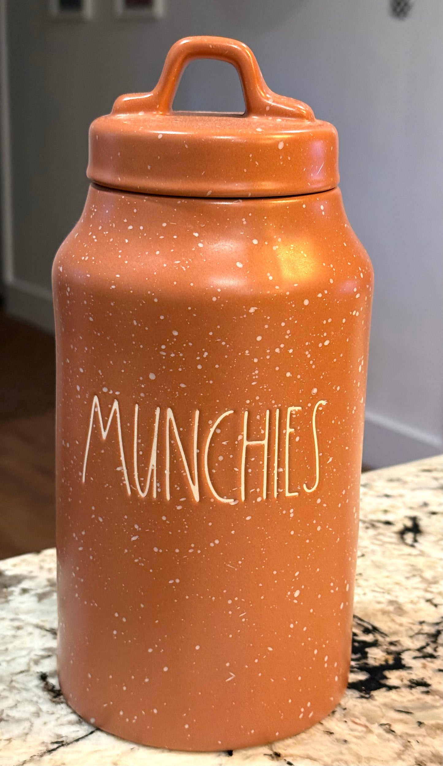 New Rae Dunn orange & white specked ceramic canister MUNCHIES