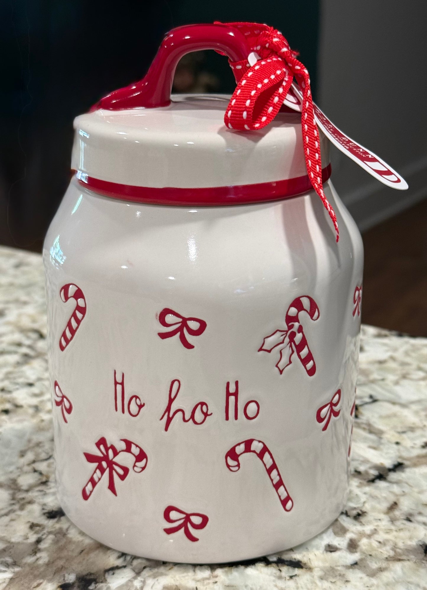 New Rae Dunn 6” ceramic candy cane & bow Christmas canister decor HO HO HO
