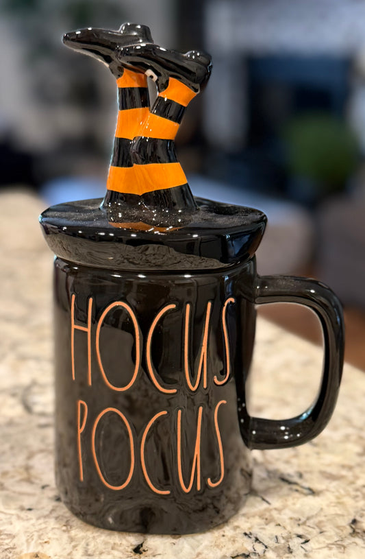 New Rae Dunn black ceramic witches legs topped coffee mug HOCUS POCUS