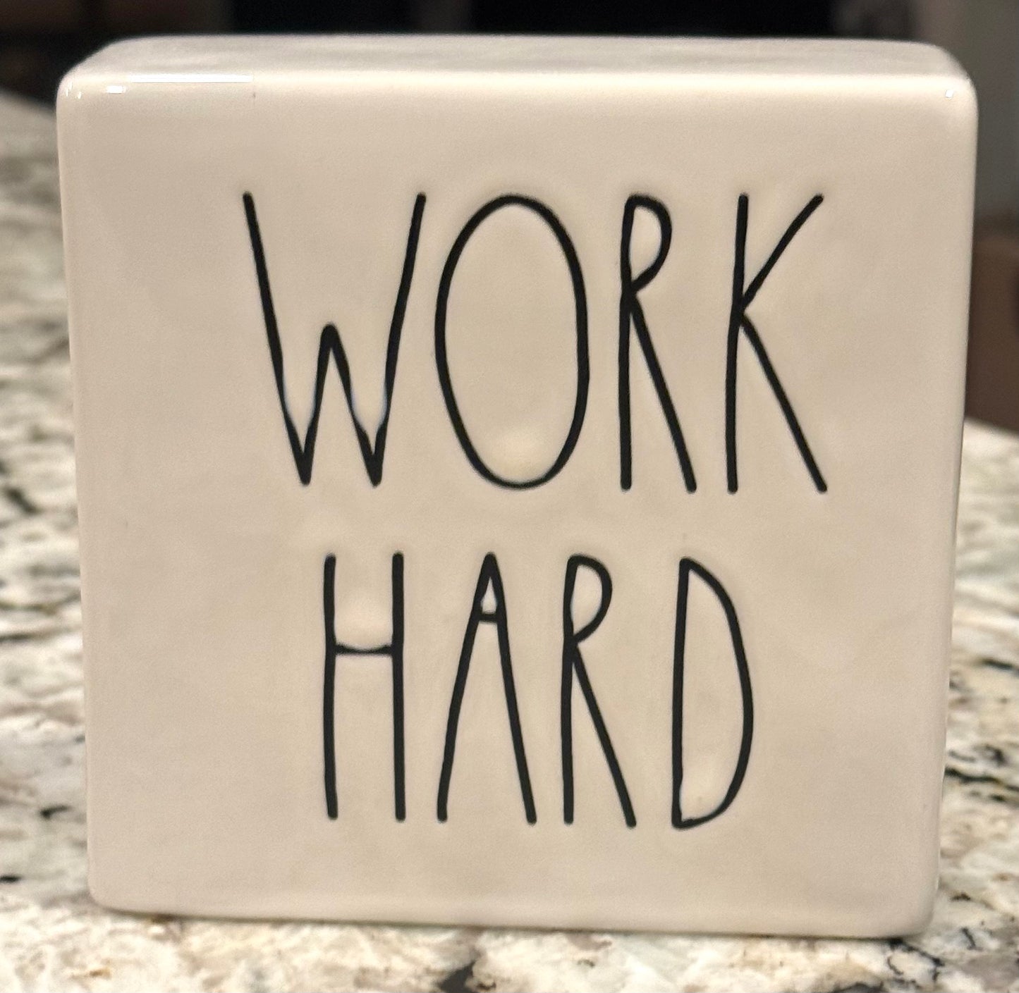 Rae Dunn white ceramic decor block 5x5 WORK HARD/BE BRAVE