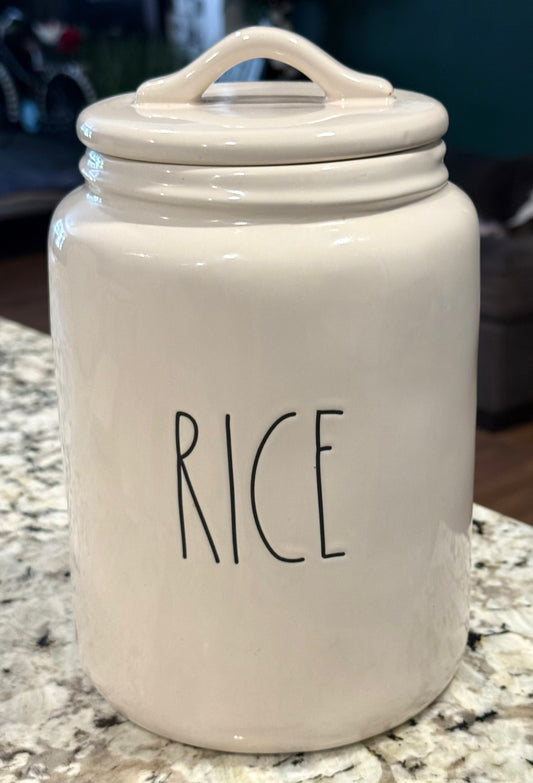 Rae Dunn white ceramic flat lid RICE storage canister