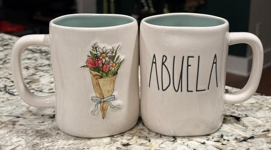 New Rae Dunn white ceramic coffee mug ABUELA double sided flowers on back