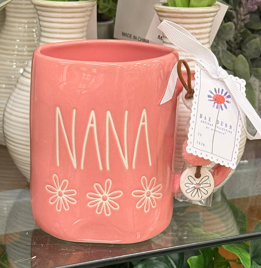 New Rae Dunn pink floral ceramic coffee mug with charm NANA