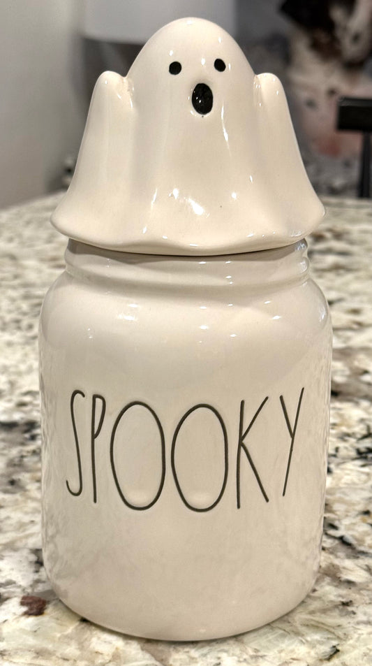 New Rae Dunn white ceramic Halloween decor 🎃 canister ghost topped SPOOKY