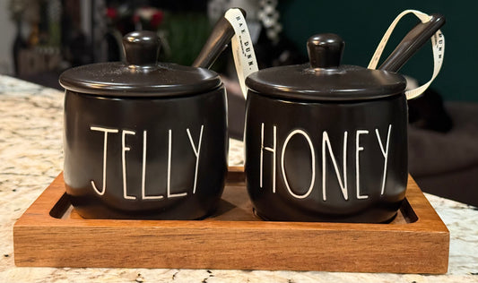 New Rae Dunn black ceramic JELLY/HONEY container set with spoons/base