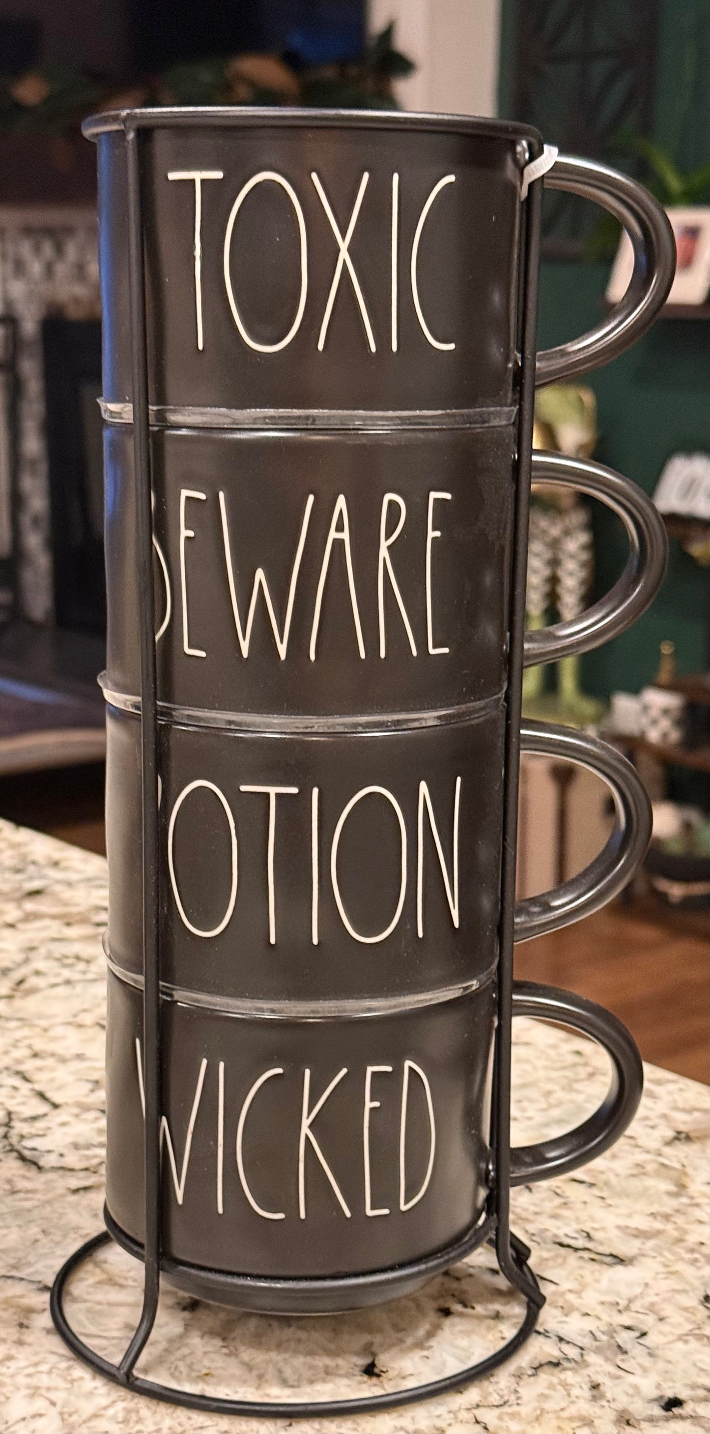 New Rae Dunn black Halloween ceramic mug stacker set