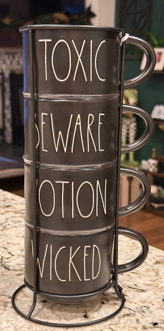 New Rae Dunn black Halloween ceramic mug stacker set