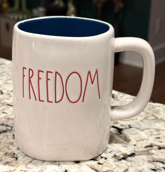 New Rae Dunn Americana white ceramic blue interior coffee mug FREEDOM