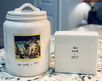 Rae Dunn rare HER DOGS! Ceramic canister 8.25” LIFE OF THE PARTY & block