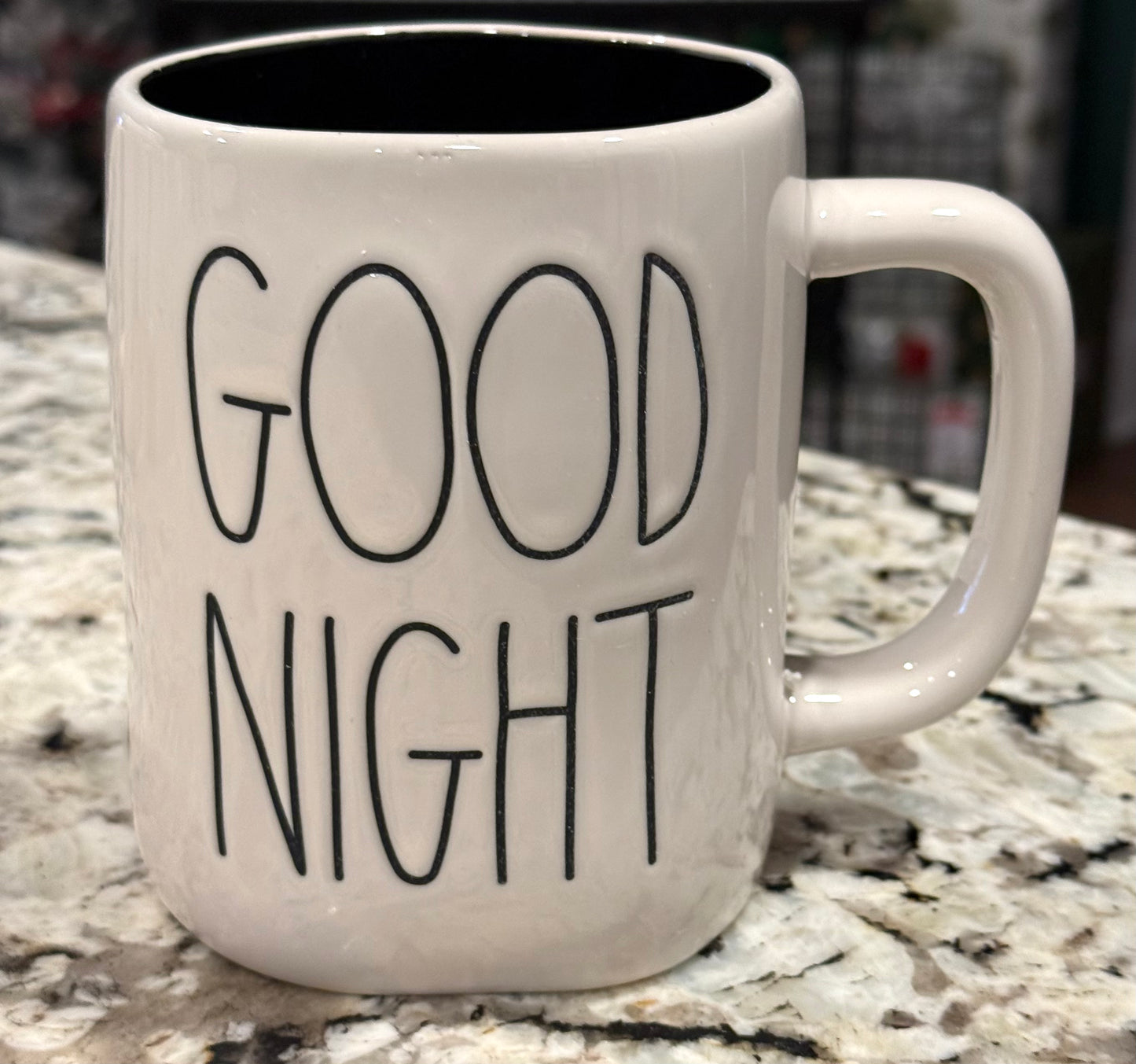 New Rae Dunn white ceramic coffee mug black interior GOOD NIGHT
