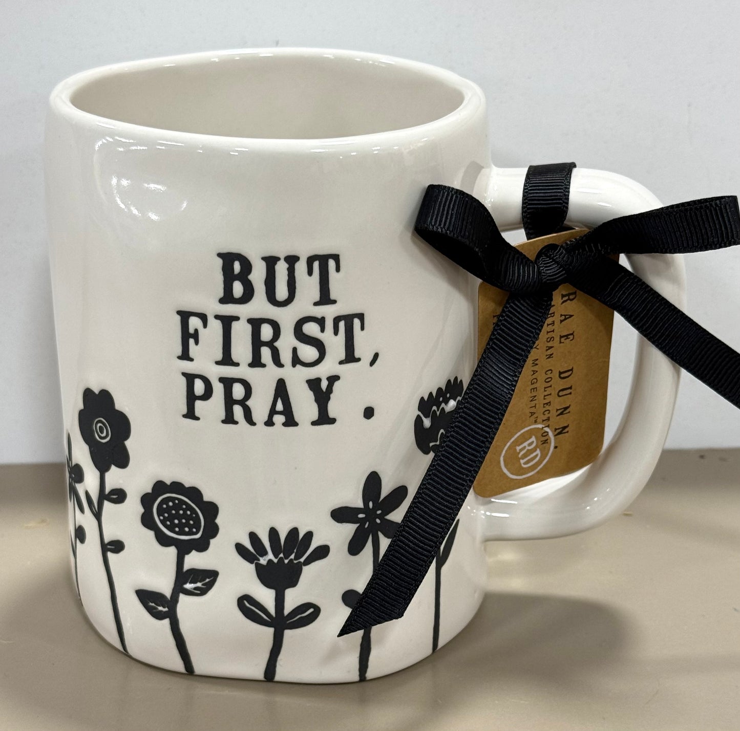 New Rae Dunn white floral ceramic coffee mug BUT FIRST PRAY