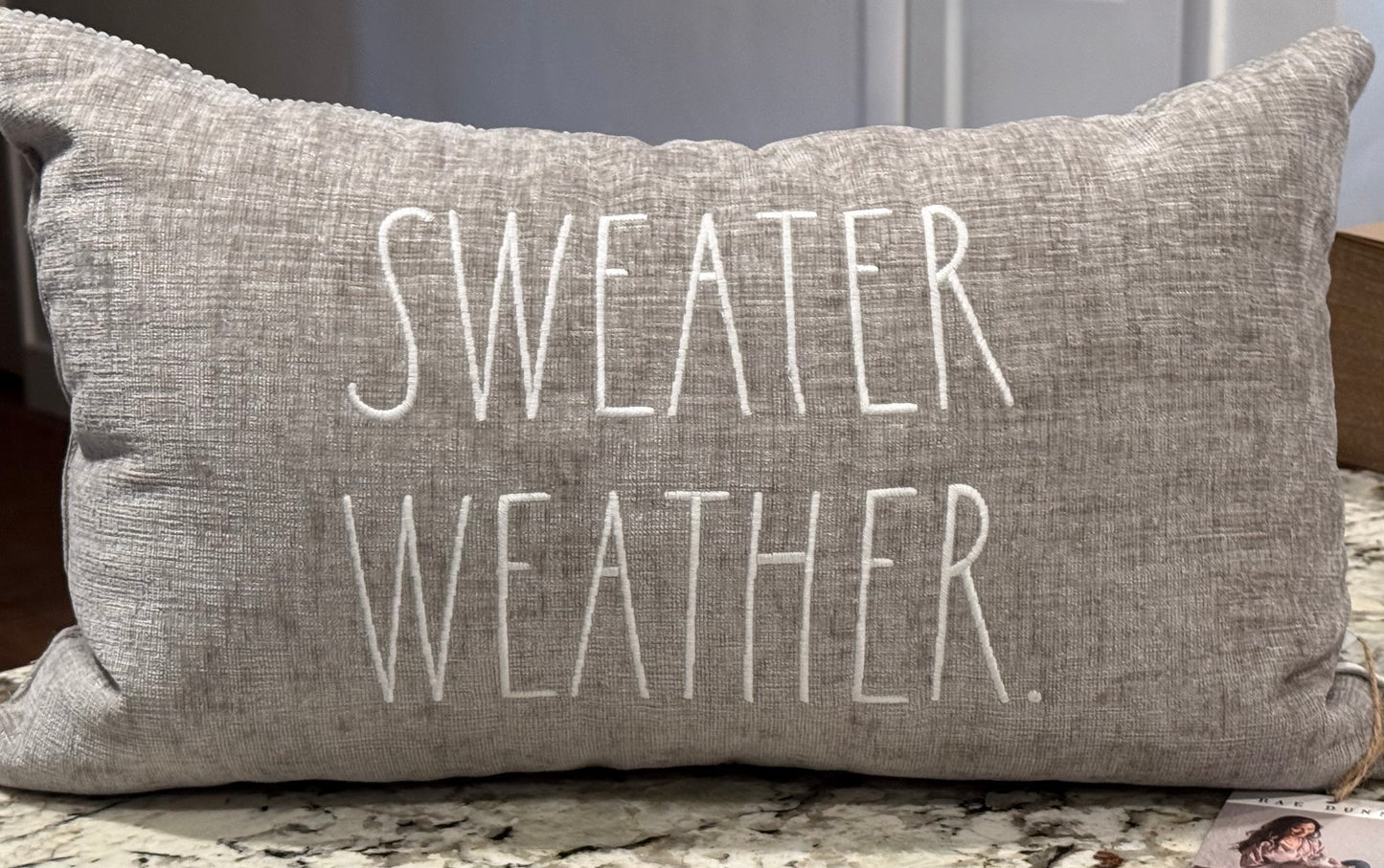 New Rae Dunn gray fur back throw pill SWEATER WEATHER 12x20