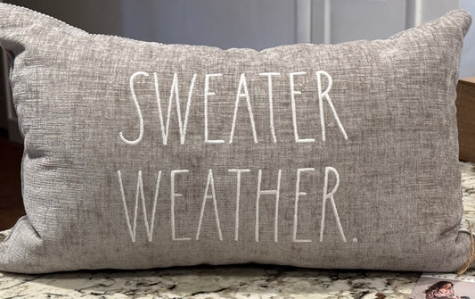 New Rae Dunn gray fur back throw pill SWEATER WEATHER 12x20