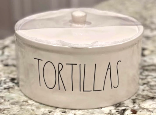 New Rae Dunn white ceramic TORTILLAS covered holder