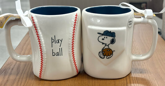 New Rae Dunn x Peanuts Snoopy ceramic baseball coffee mug PLAY BALL