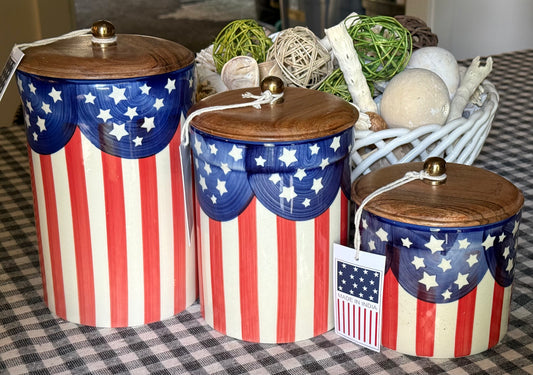 New Made in India ceramic 3-piece USA flag kitchen canister storage set July 4th patriotic decor 9,7,5”