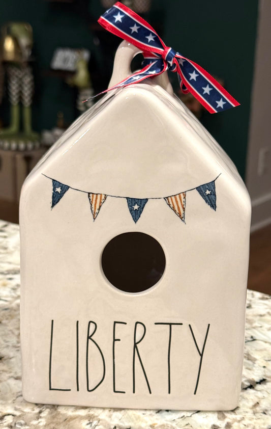 New Rae Dunn Americana ceramic birdhouse LIBERTY flag banner
