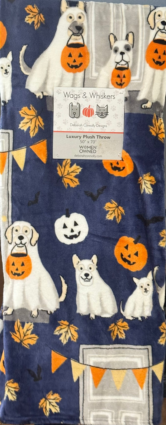 New Wags and Whiskers blue and white ghost/dog Halloween throw blanket 50x70