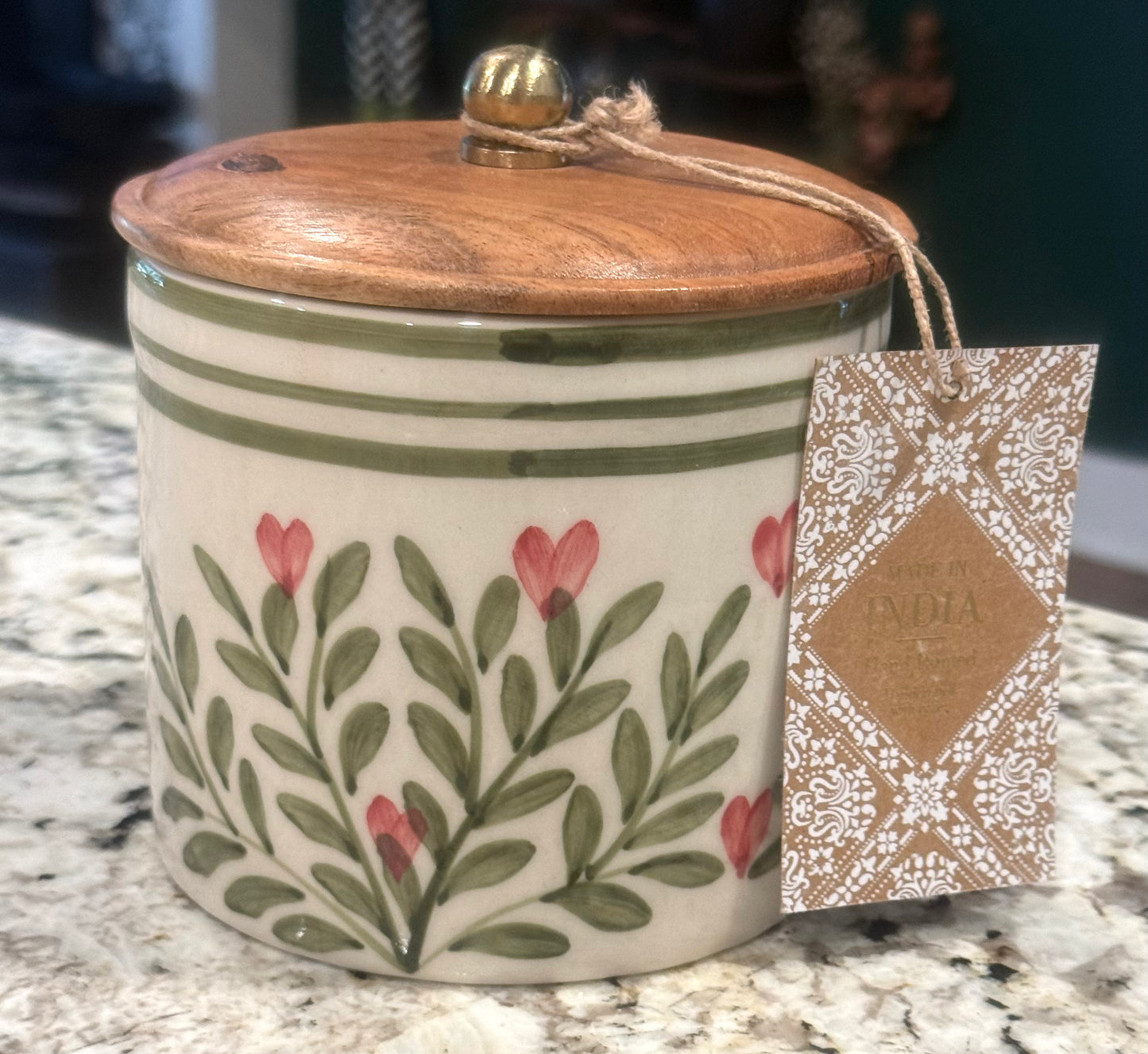 New Made in India green floral and pink heart ceramic storage canister 5”