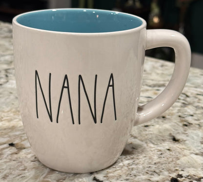 New Rae Dunn white ceramic coffee mug NANA blue interior