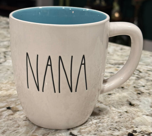 New Rae Dunn white ceramic coffee mug NANA blue interior