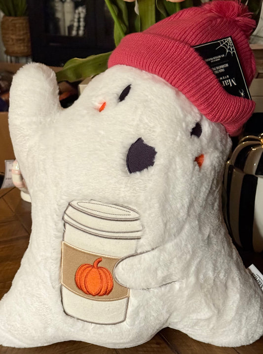New Martha Stewart fall ghost pumpkin latte coffee pillow decor, pink knit hat