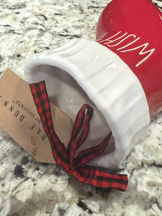 New Rae Dunn red ceramic stocking hanging ornament WISH