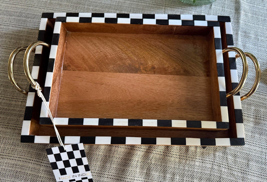 New Made In India wood & courtly check/striped serving tray set with gold handles