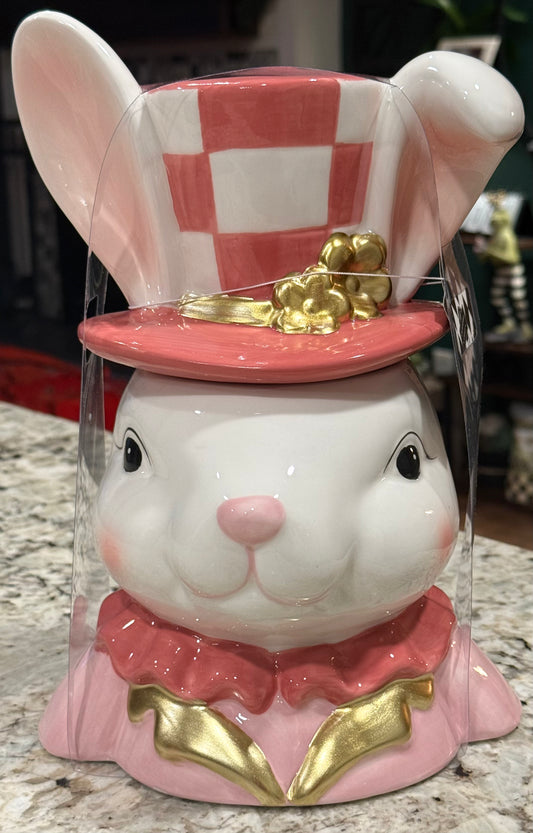 New pink check Strawberry Street Easter Bunny girl cookie jar decor 11x7.5