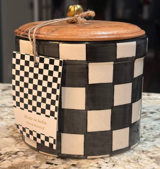 New Made in India ceramic 5” wood topped checkered canister