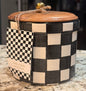 New Made in India ceramic 5” wood topped checkered canister