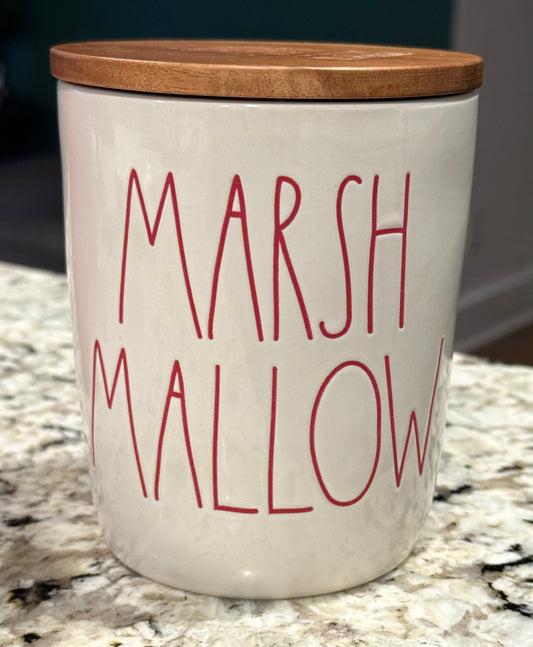 New Rae Dunn 5” ceramic MARSHMALLOW canister (red writing)