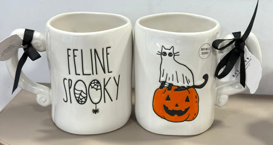 New Rae Dunn Halloween ceramic coffee mug FELINE SPOOKY double sided