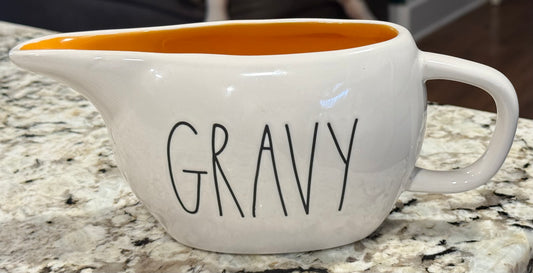 New Rae Dunn white ceramic GRAVY boat orange interior