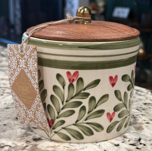 New ceramic 5” green and pink heart floral print storage canister