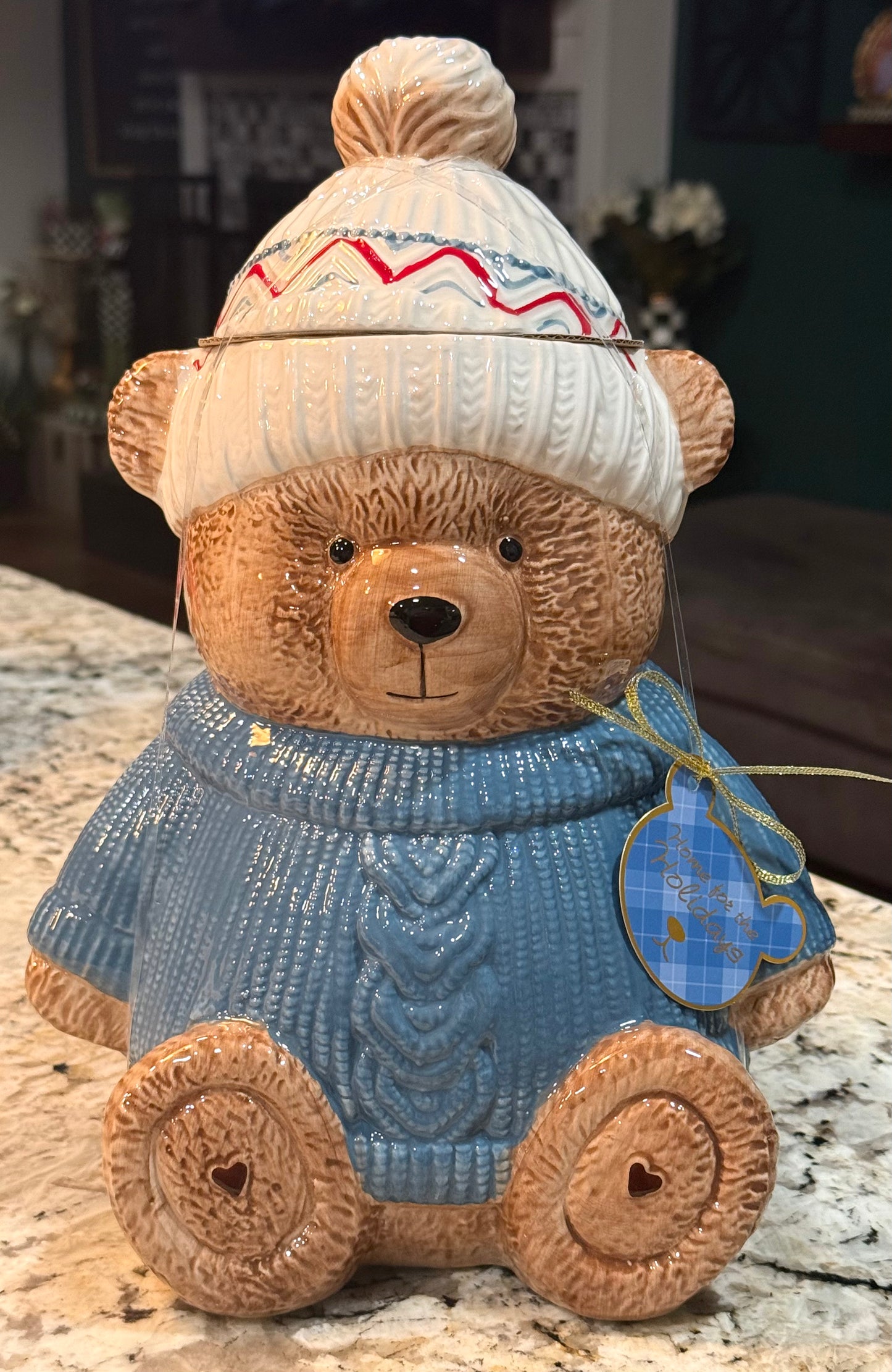 New Home for the Holidays viral ceramic winter hat teddy bear cookie jar Christmas decor