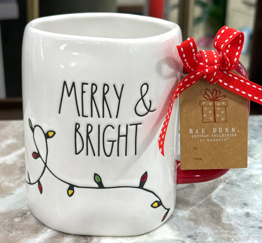 New Rae Dunn ceramic Christmas mug string lights print MERRY & BRIGHT