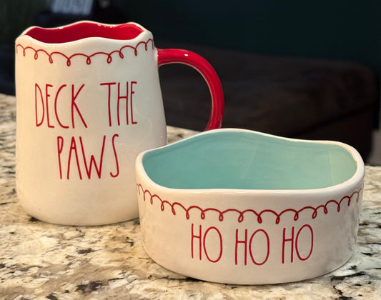 New Rae Dunn ceramic Christmas mug and bowl set DECK THE PAWS & HO HO HO