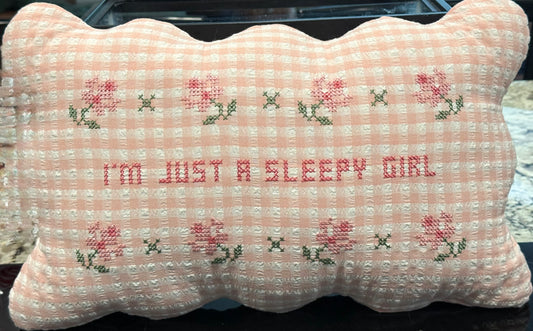 New pink gingham needlepoint throw pillow 10x16 I’M JUST A SLEEPY GIRL