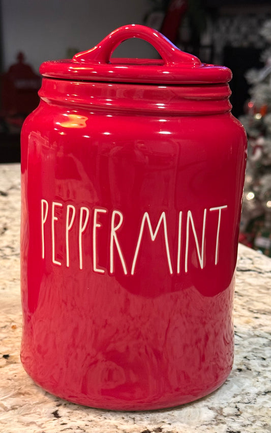 New Rae Dunn red ceramic PEPPERMINT Christmas canister 9”