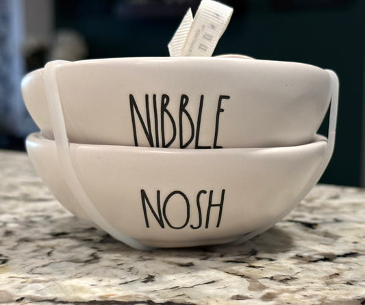 New Rae Dunn white ceramic NIBBLE/NOSH dip bowl set