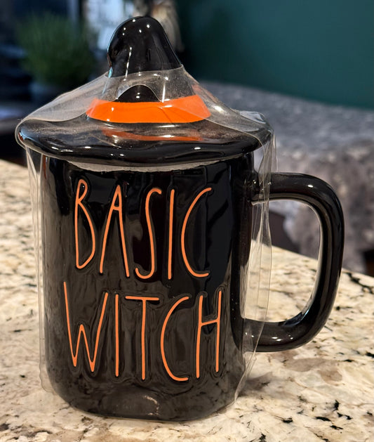 New Rae Dunn black-iridescent witches hat topped mug BASIC WITCH