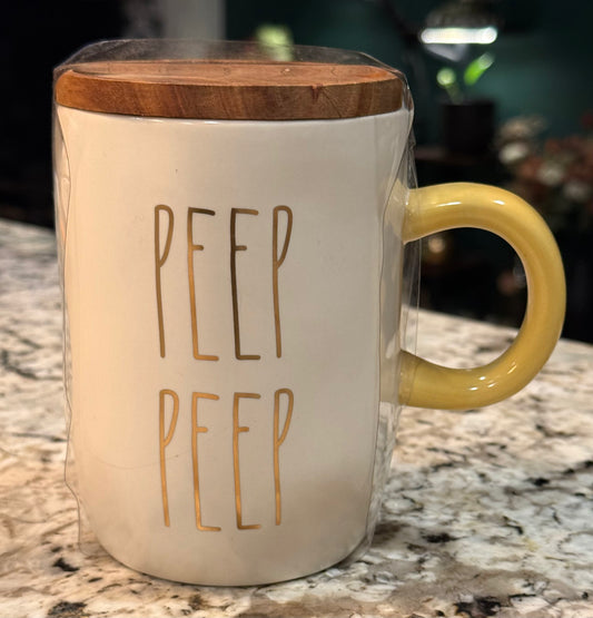 New Rae Dunn yellow & white ceramic Easter coffee mug PEEP PEEP coaster top